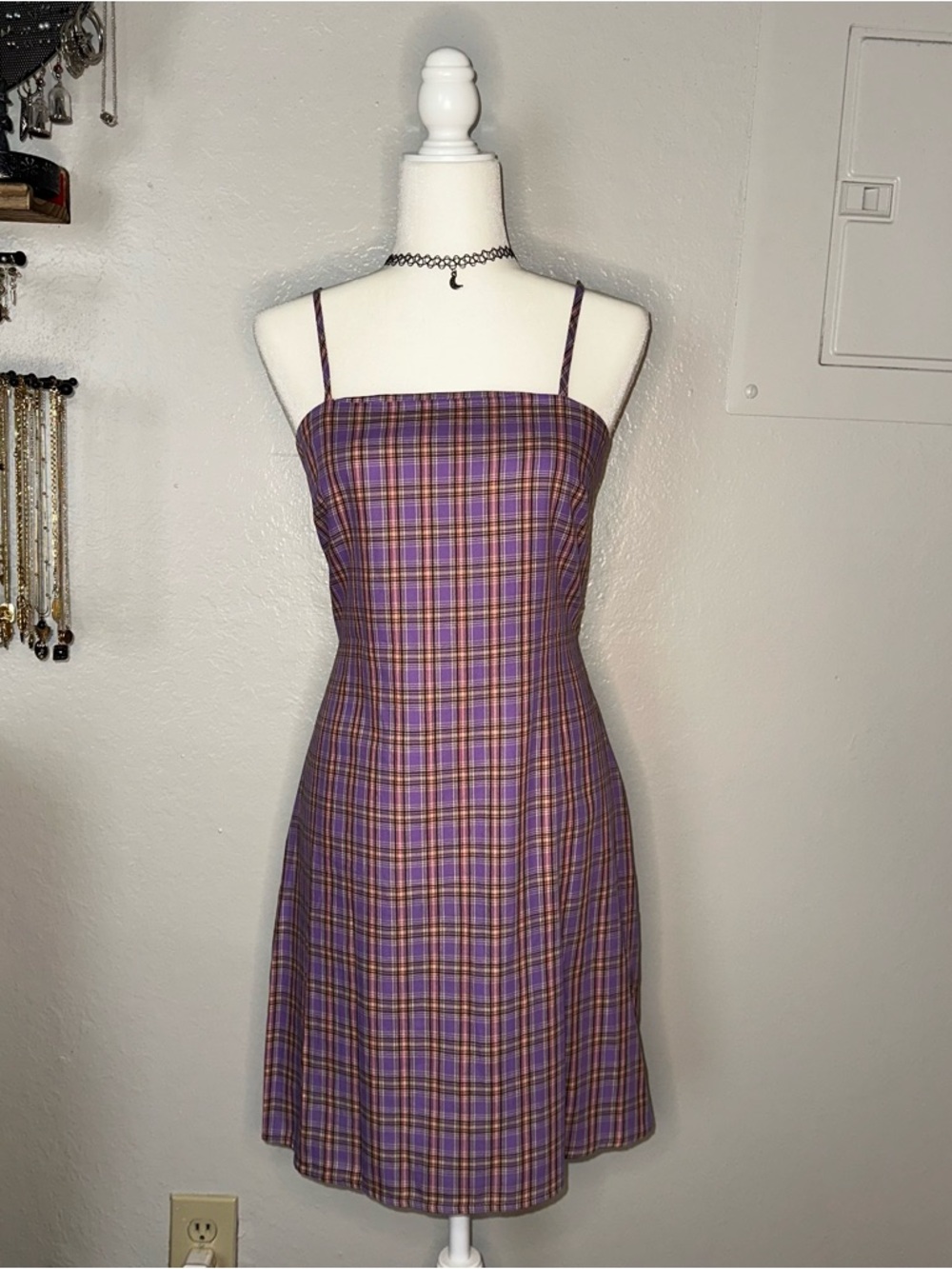 Dolls Kill Purple Plaid Backless Spaghetti Strap Dress with Adjustable Tie-Back